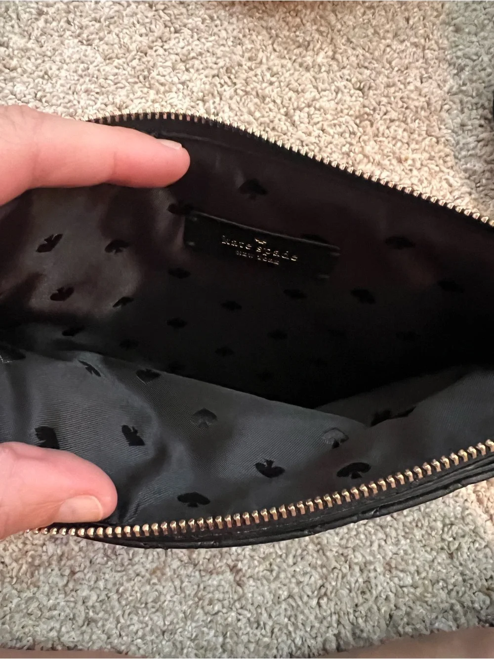 kate spade Black Quilted Leather Zip Pouch with Gold Logo